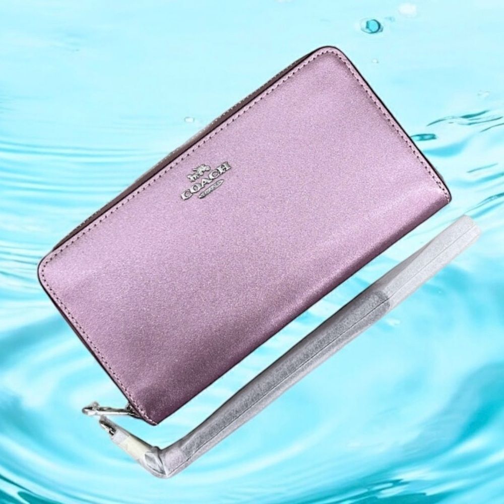 Coach Leather Metallic Pink Long Zip Around Wallet Bag Purse